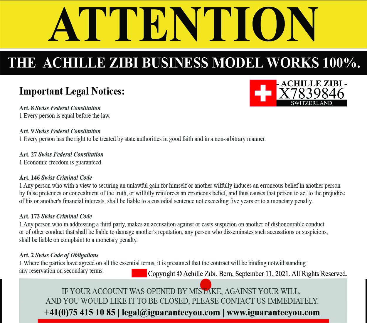 ACHILLE ZIBI - ATTENTION - LEGAL NOTICE